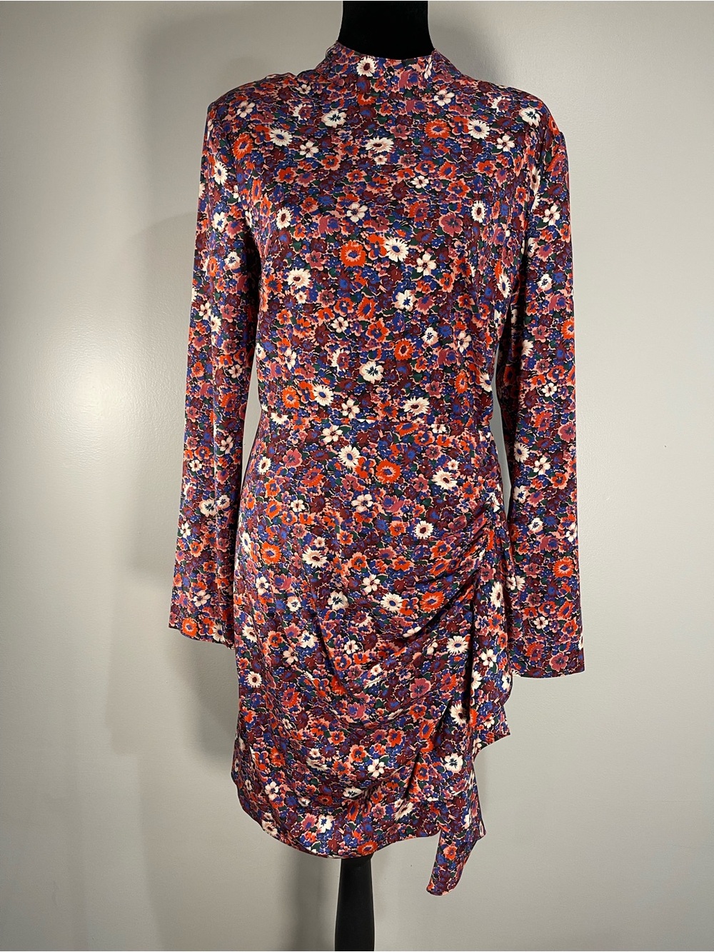 Veronica Beard Floral Silk Purple and Red Long Sleeve Ruched Mini Dress Sz.8